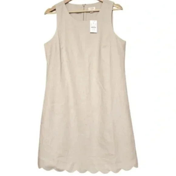 J.Crew Linen Scalloped Mini Dress Size 14 Beige Sleeveless Summer Shift Dress - Picture 1 of 9